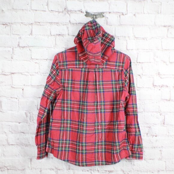 LL Bean Scotch Plaid Flannel Shirt Relaxed Zip Hoodie Cotton Red Medium - Picture 11 of 12